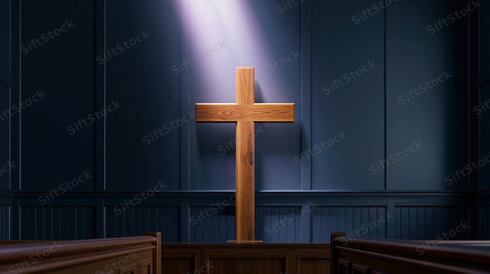 Wooden christian cross mounted on dark paneled wall inside church interior
