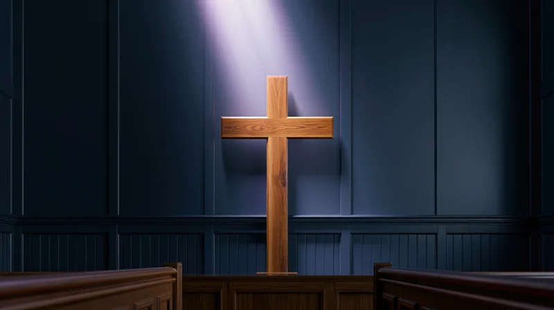 Wooden christian cross mounted on dark paneled wall inside church interior