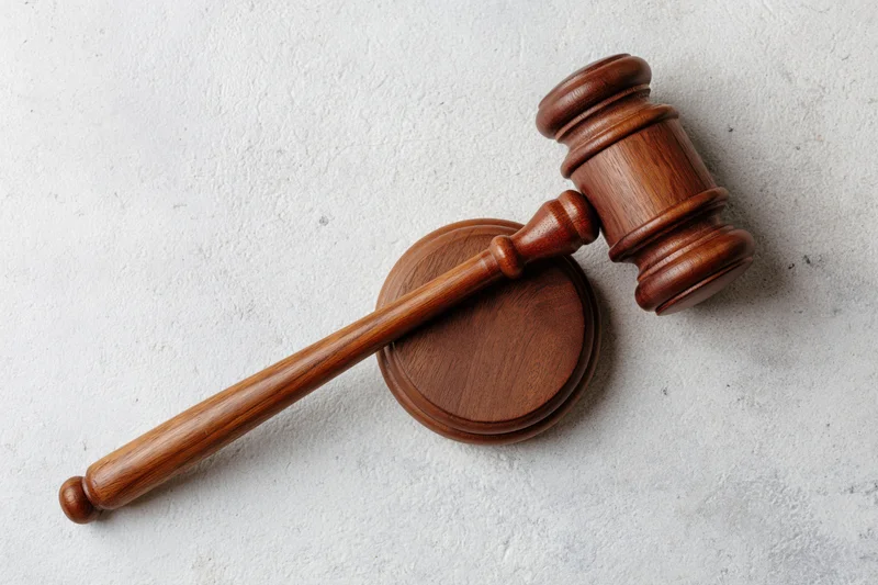 Wooden judge's gavel resting beside its round sound block on a textured gray surface