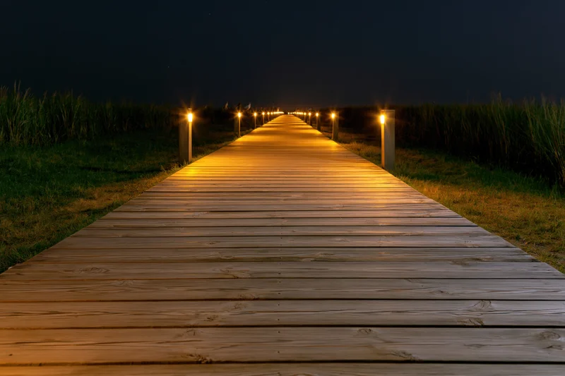 Wooden plank walkway illuminated by warm lights leading into dark night sky along grassy dunes