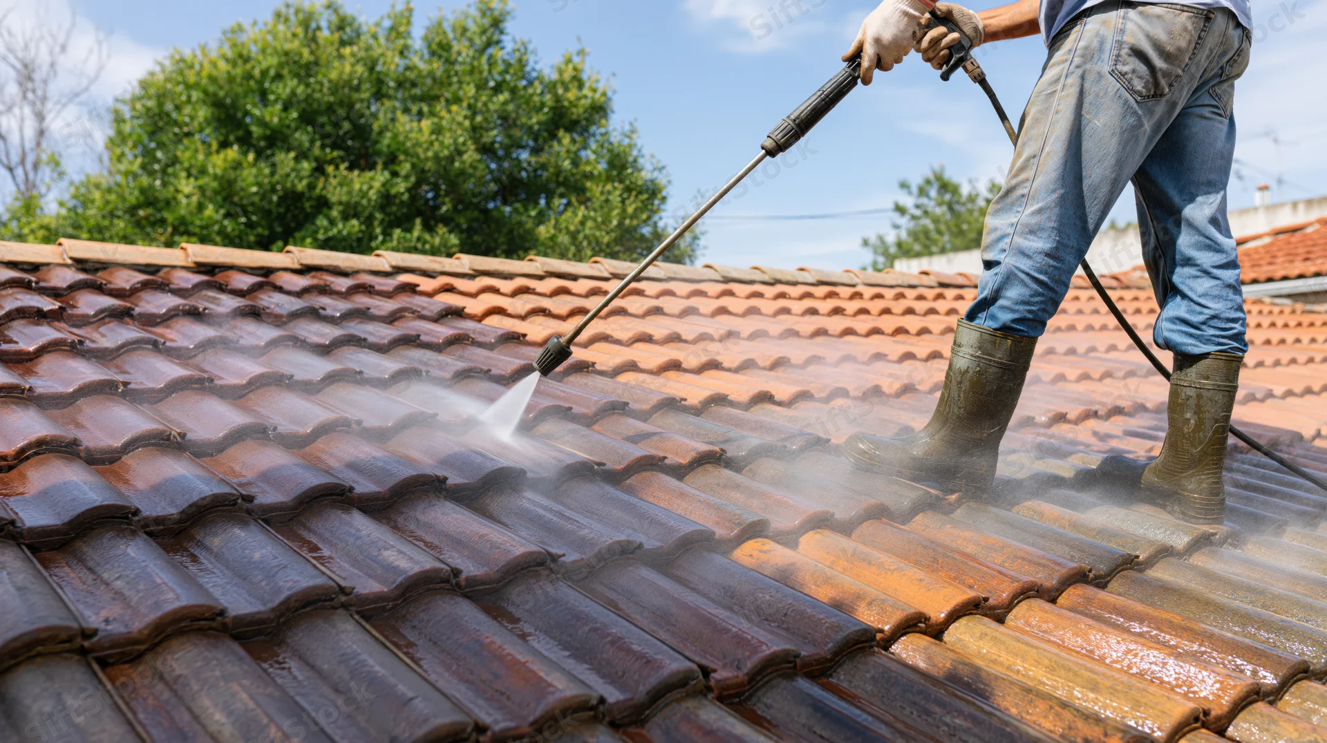 Worker pressure washing clay tile roof outdoors in daylight wearing rubber boots and gloves