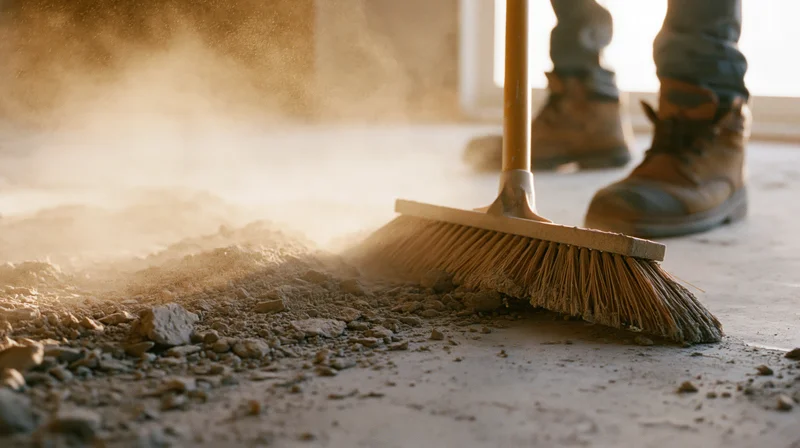 Worker sweeping construction debris across concrete floor with broom