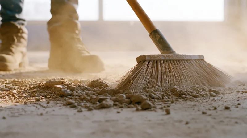 Worker sweeping construction debris across concrete floor with broom