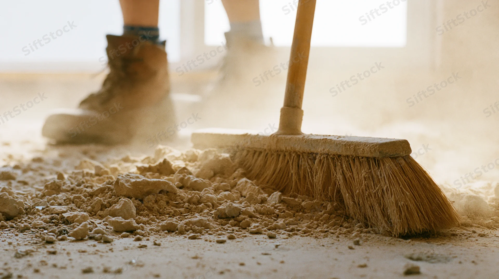 Worker sweeping construction debris across concrete floor with broom