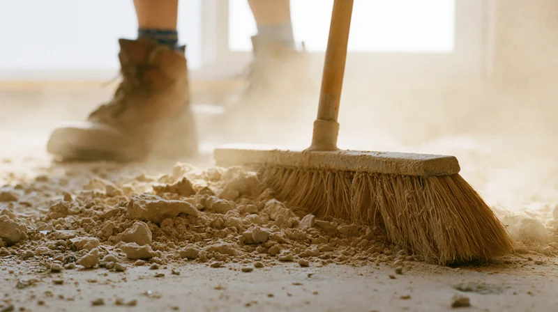Worker sweeping construction debris across concrete floor with broom