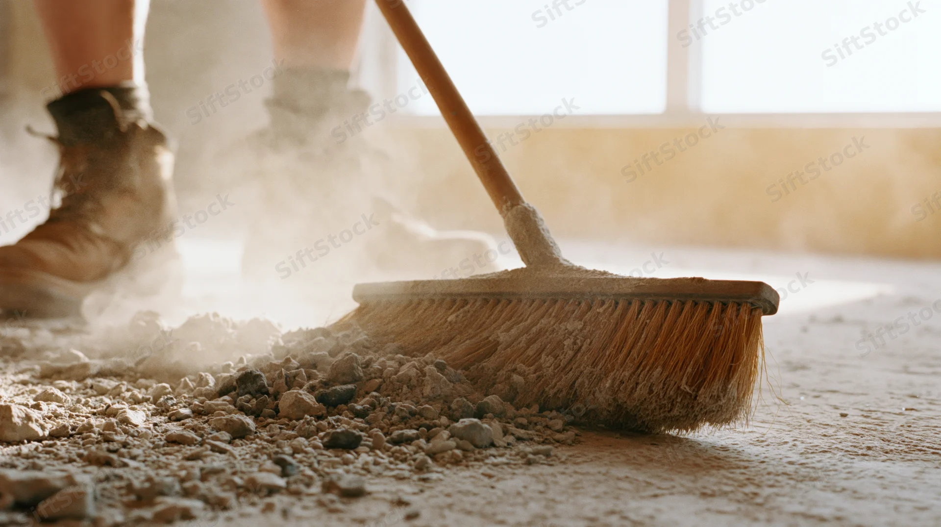 Worker sweeping construction debris across concrete floor with broom
