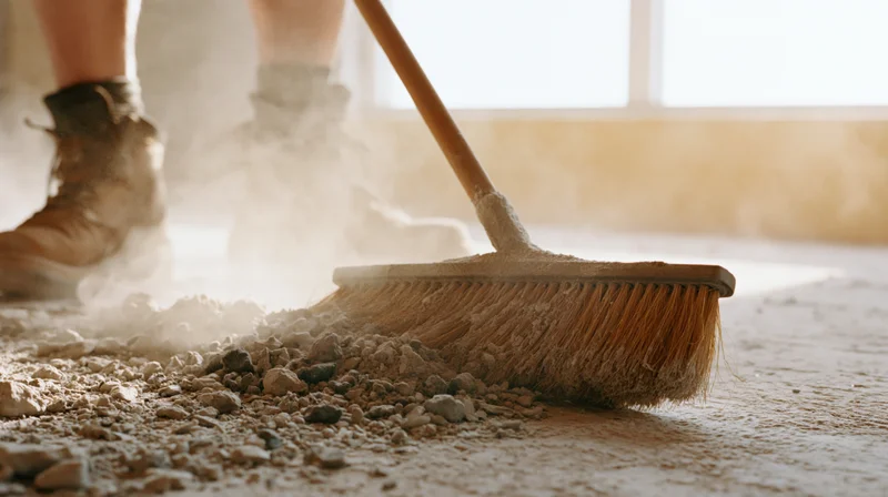 Worker sweeping construction debris across concrete floor with broom
