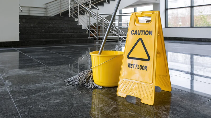 Yellow caution wet floor sign with mop and bucket on polished tile floor in office lobby