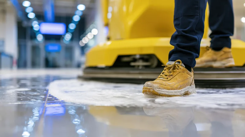 Industrial floor scrubber machine pushing soapy foam on wet reflective floor in facility interior