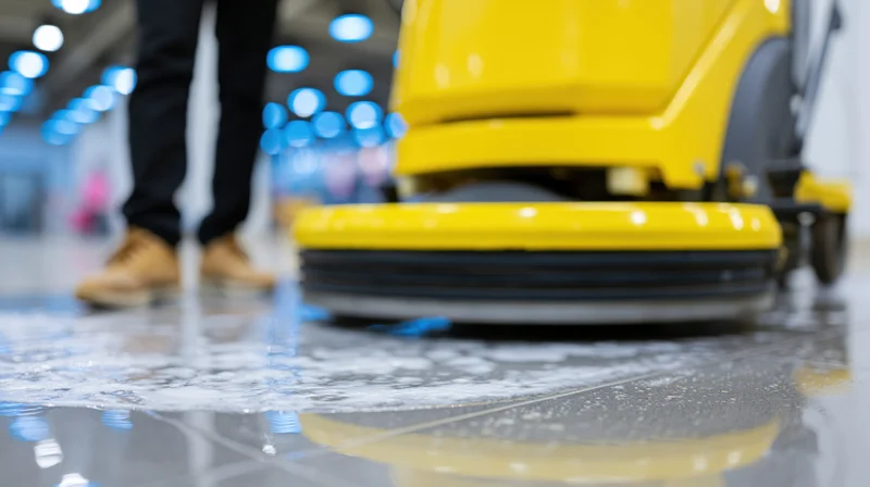 Yellow industrial floor scrubber machine cleaning soapy floor in commercial space