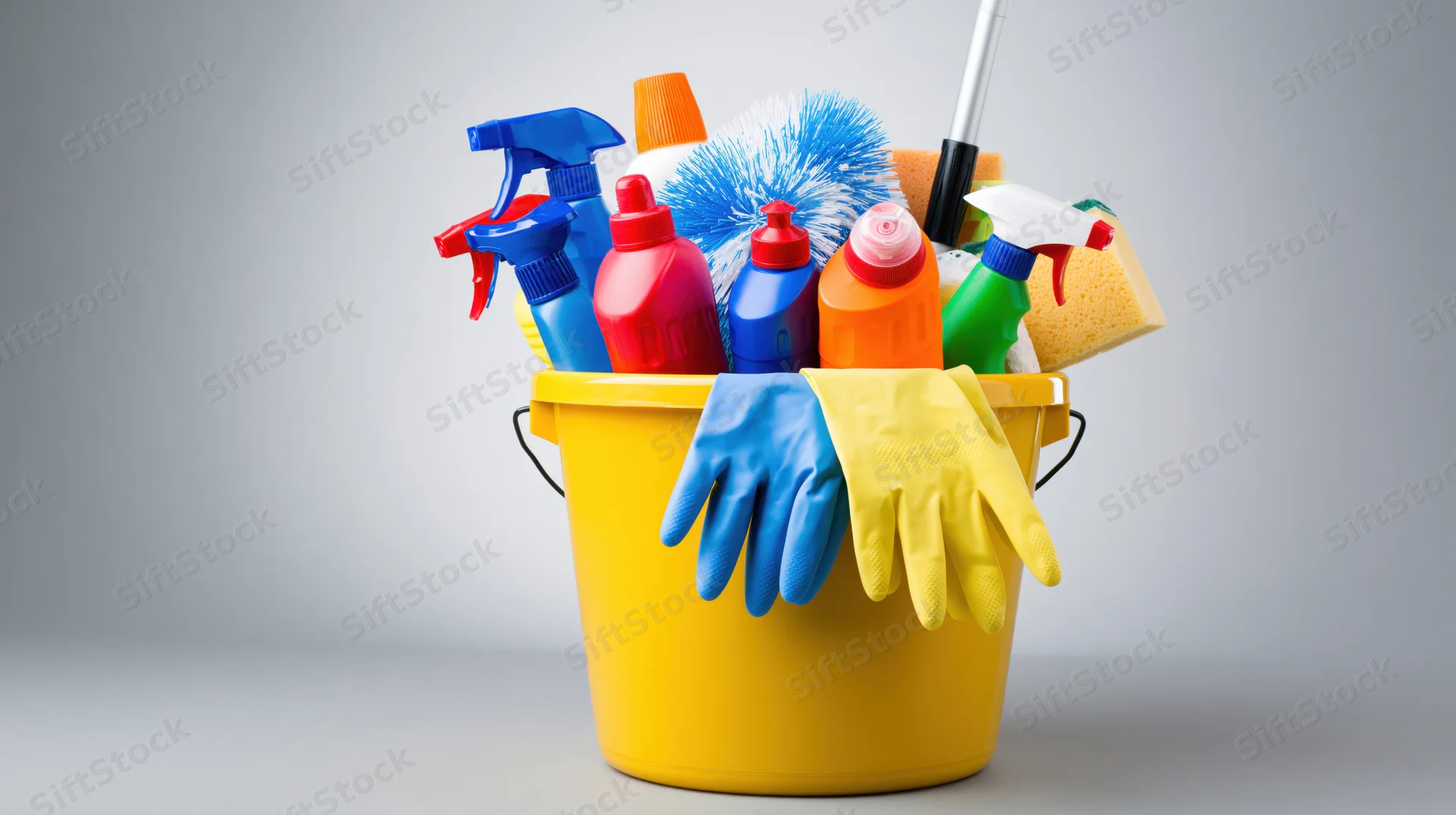 Yellow plastic bucket overflowing with cleaning supplies and tools on a neutral background