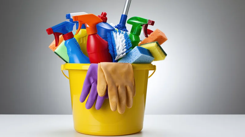 Yellow plastic bucket overflowing with cleaning supplies on a white surface