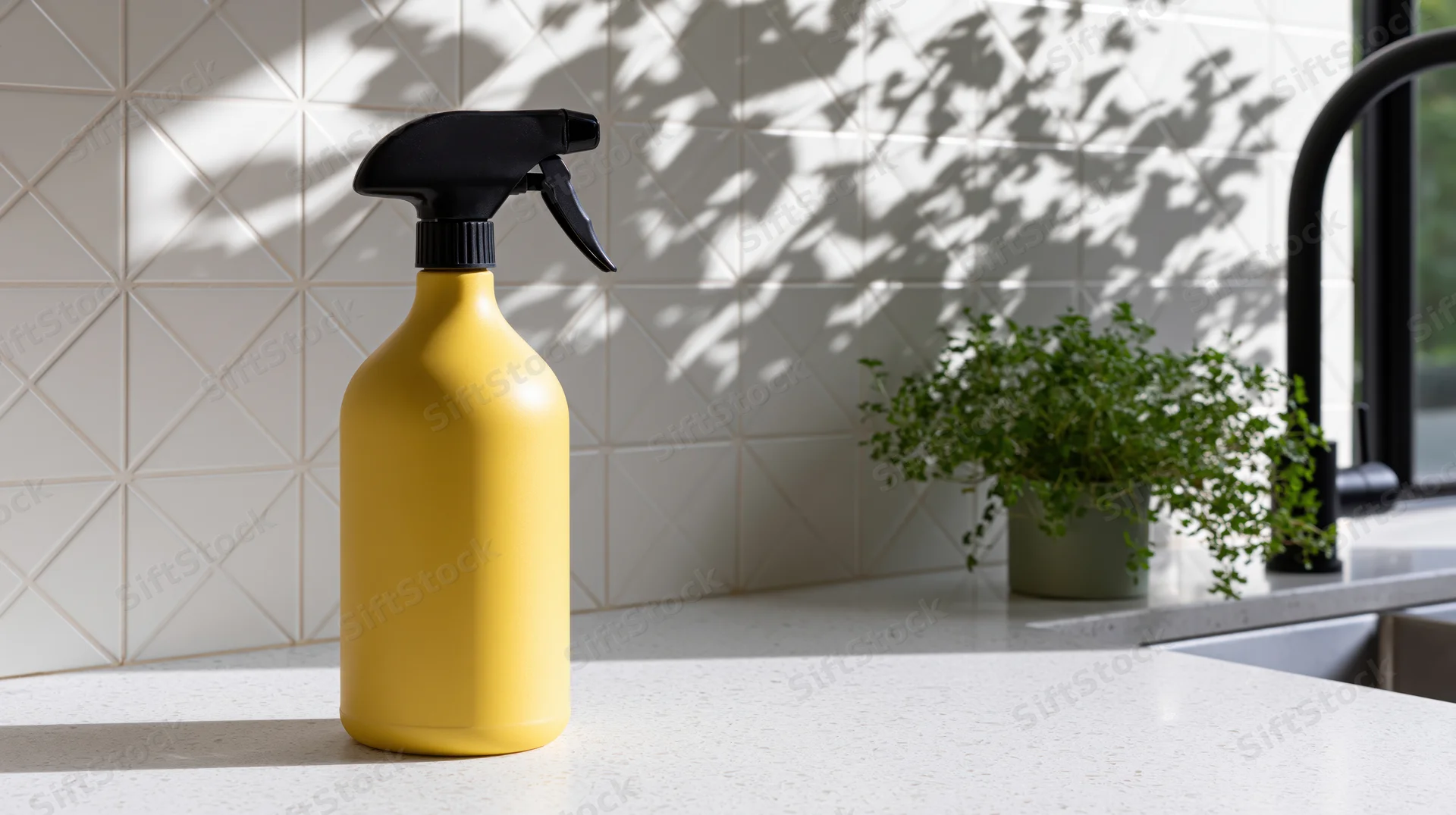 Yellow plastic spray bottle with black trigger nozzle on kitchen countertop near potted herb and sink