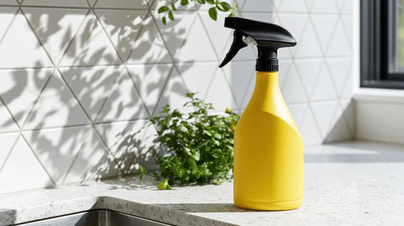 Yellow plastic spray bottle with black trigger nozzle on kitchen countertop near sink and green herb plant