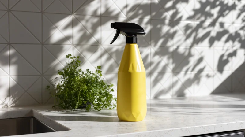 Yellow plastic spray bottle with black trigger nozzle on kitchen countertop near herbs and tiled backsplash