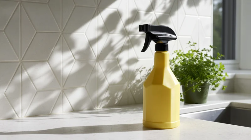 Yellow plastic spray bottle with black trigger nozzle on kitchen countertop near sink and potted herb plant