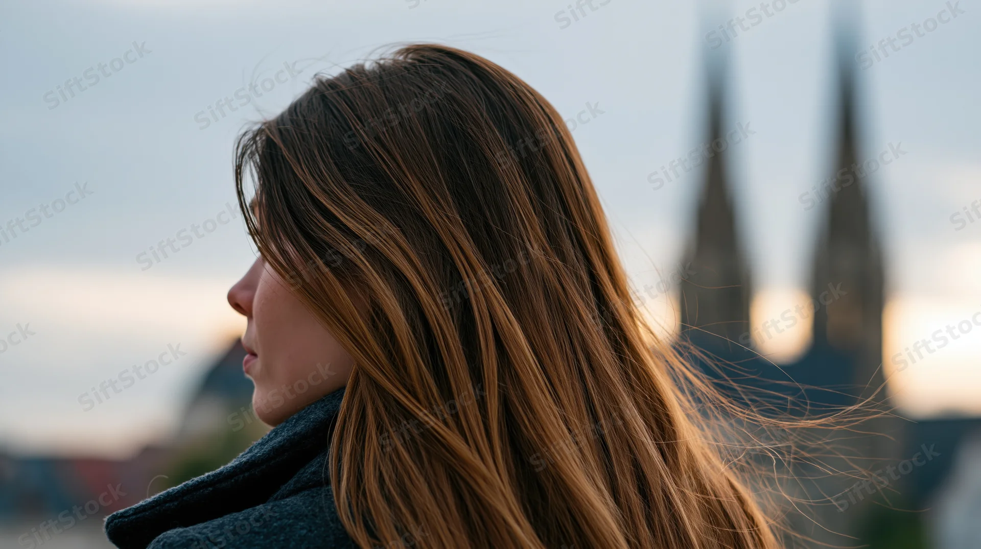 Young woman in profile with long brown hair blowing in the wind, facing city skyline at dusk