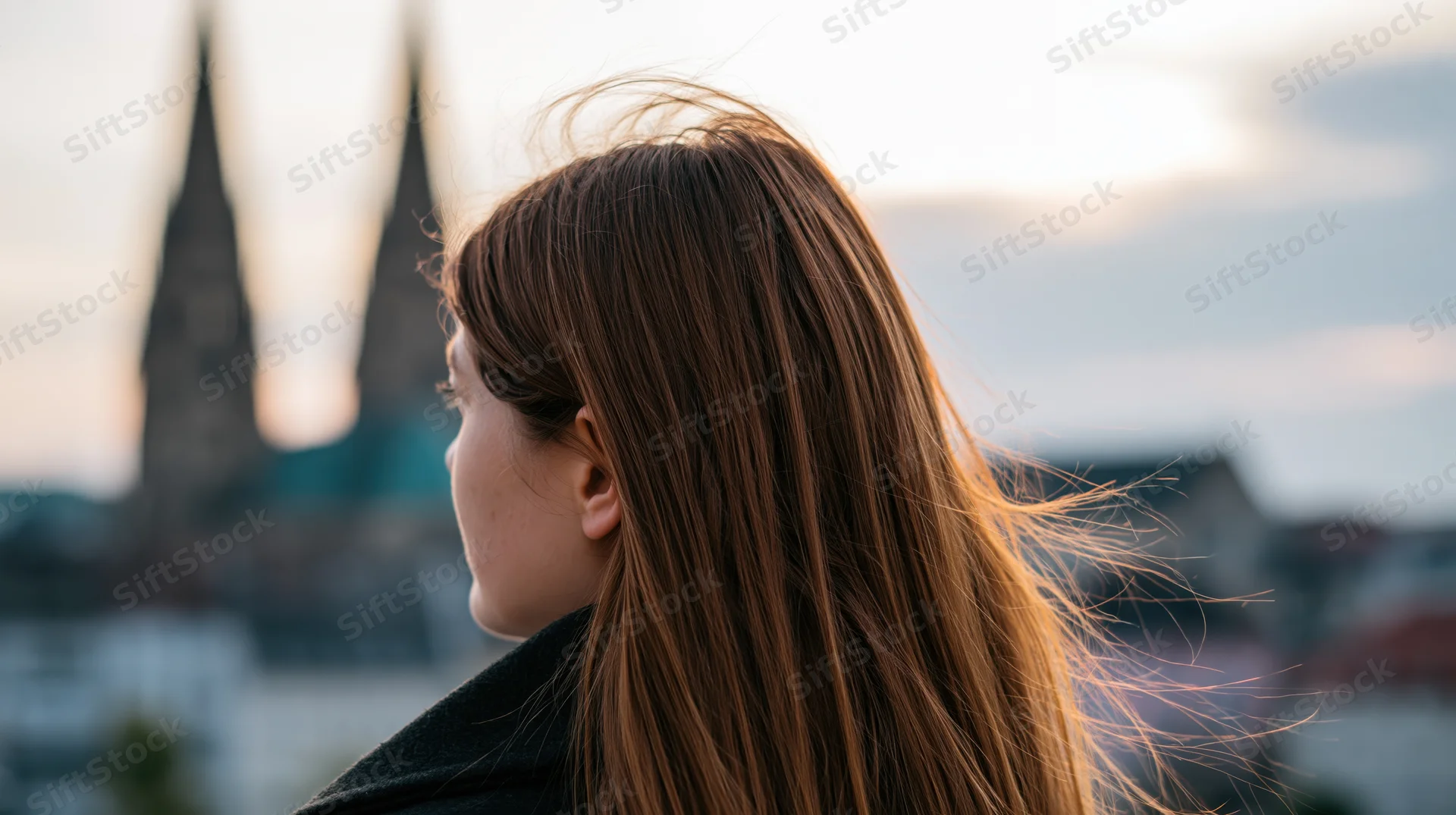 Young woman with long straight brown hair seen from behind, wind blowing strands, overlooking city skyline with twin spires at sunset