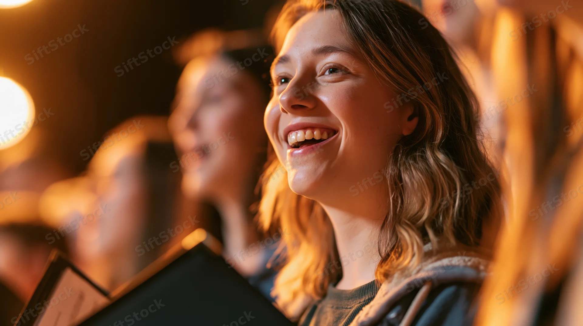 Young woman smiling while singing in a choir during a live performance on stage