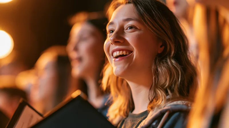 Young woman smiling while singing in a choir during a live performance on stage