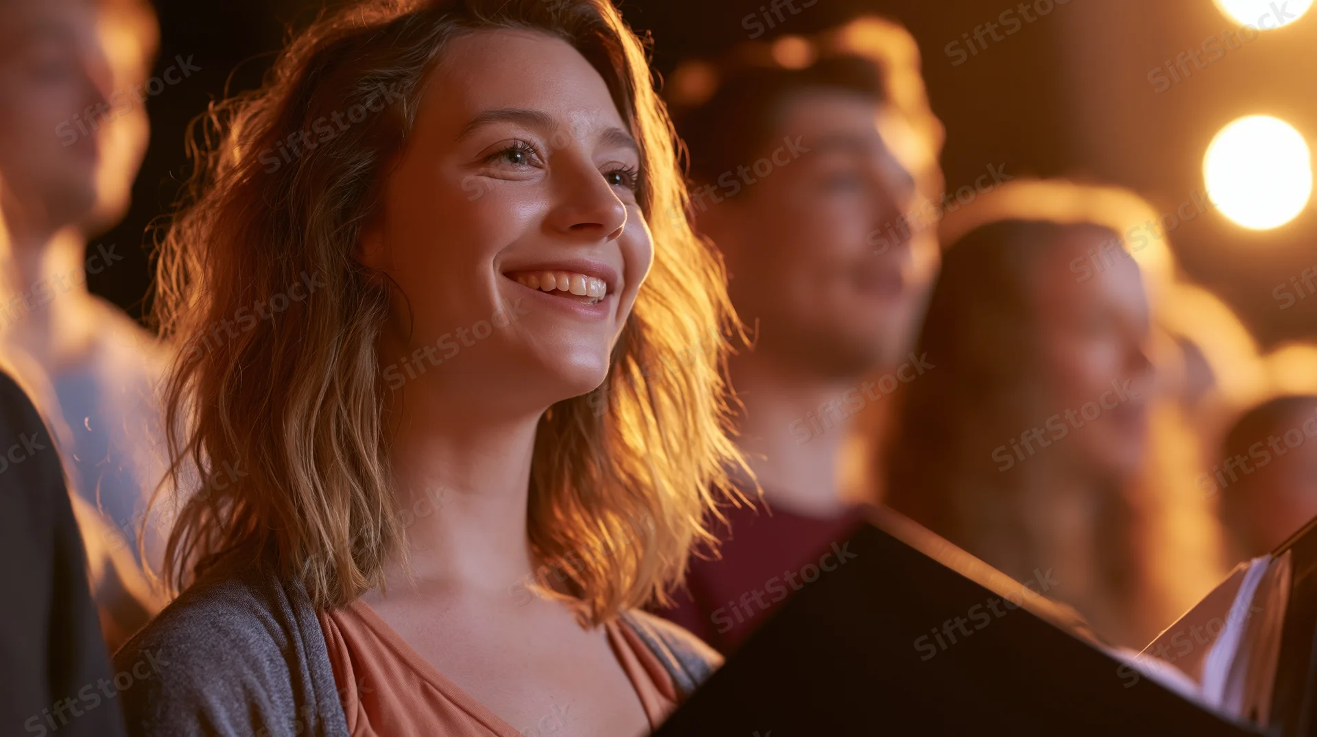 Young woman smiling while singing in a choir on stage under warm lighting