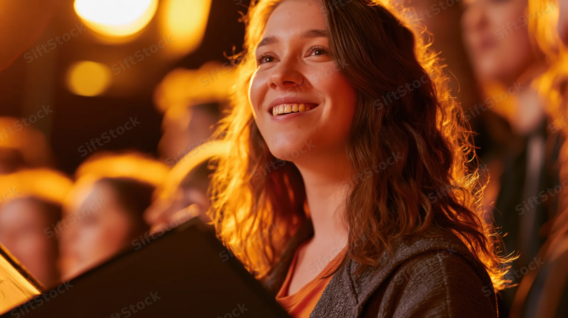 Young woman smiling while singing in a choir under warm stage lighting
