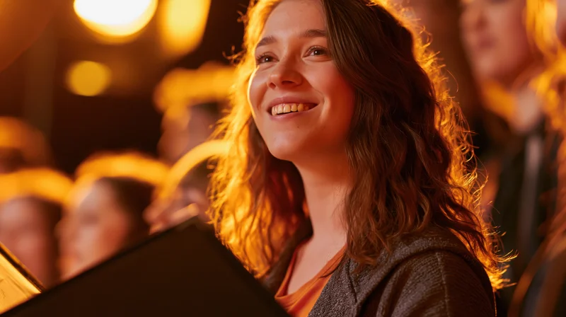 Young woman smiling while singing in a choir under warm stage lighting
