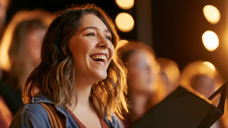Young woman smiling while singing in a choir on stage with warm lights and blurred background