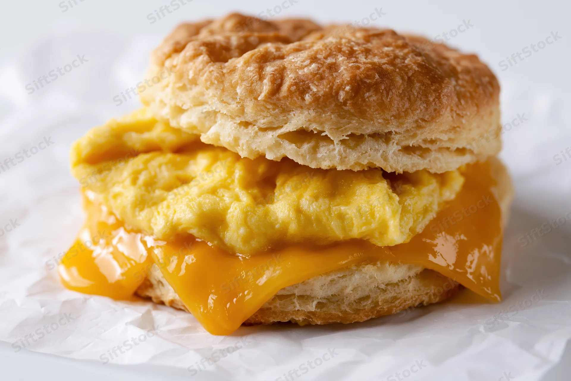 Southern-style buttermilk biscuit breakfast sandwich with scrambled egg and melted cheese on crumpled paper