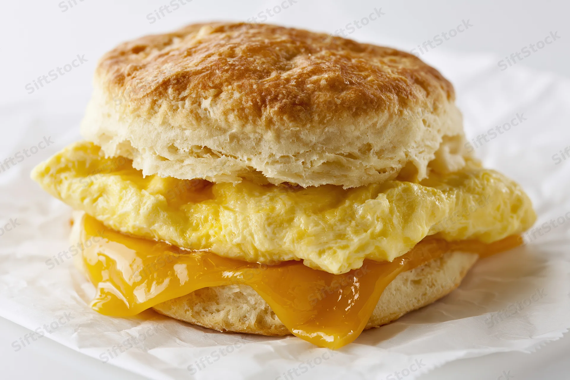 Southern-style buttermilk biscuit breakfast sandwich with scrambled egg and melted cheese on white paper