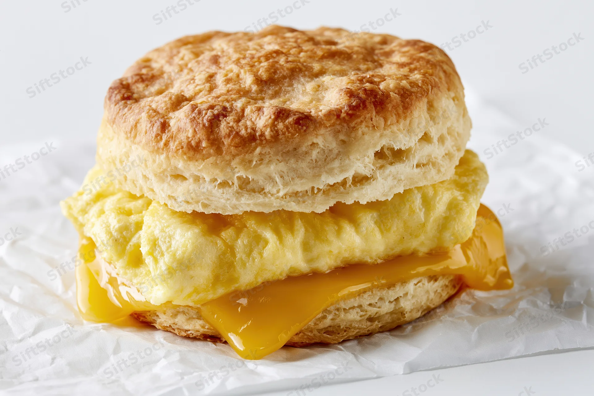 Southern-style buttermilk biscuit breakfast sandwich with scrambled egg and melted cheese on crumpled paper
