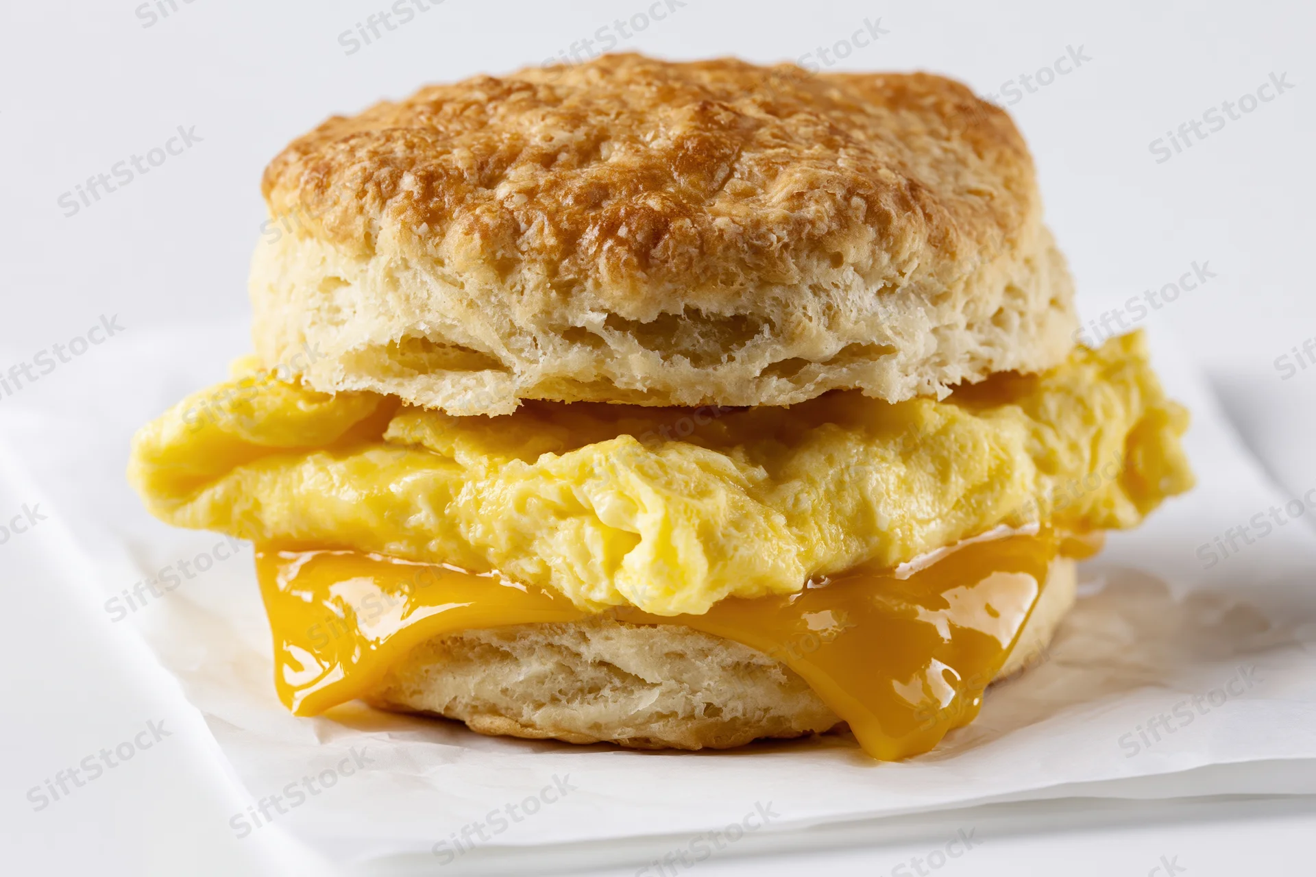 Southern-style buttermilk biscuit breakfast sandwich with scrambled egg and melted cheese on white paper