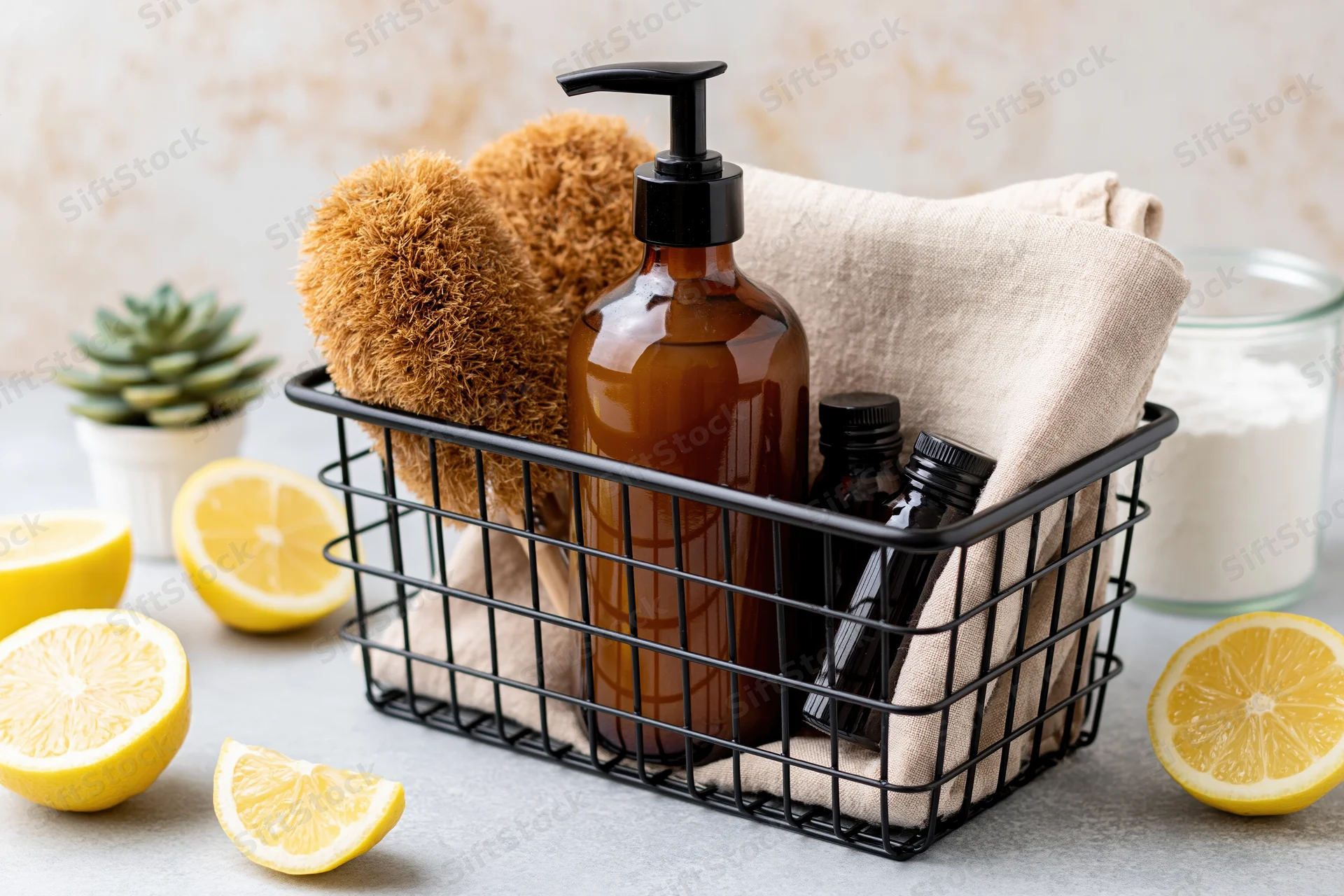 Black wire basket holding natural cleaning supplies arranged on countertop with lemons and linen cloth