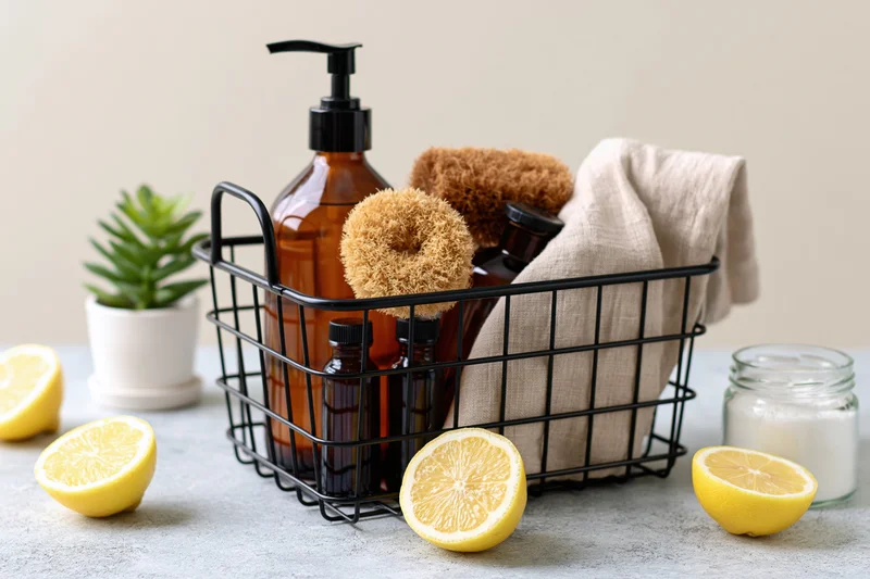 Black wire basket holding natural cleaning supplies with lemons and a succulent on a gray countertop