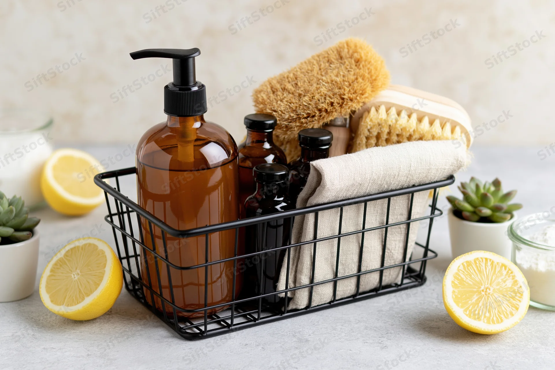 Black wire basket holding natural cleaning supplies and cloths on a kitchen countertop with lemon slices and succulents nearby