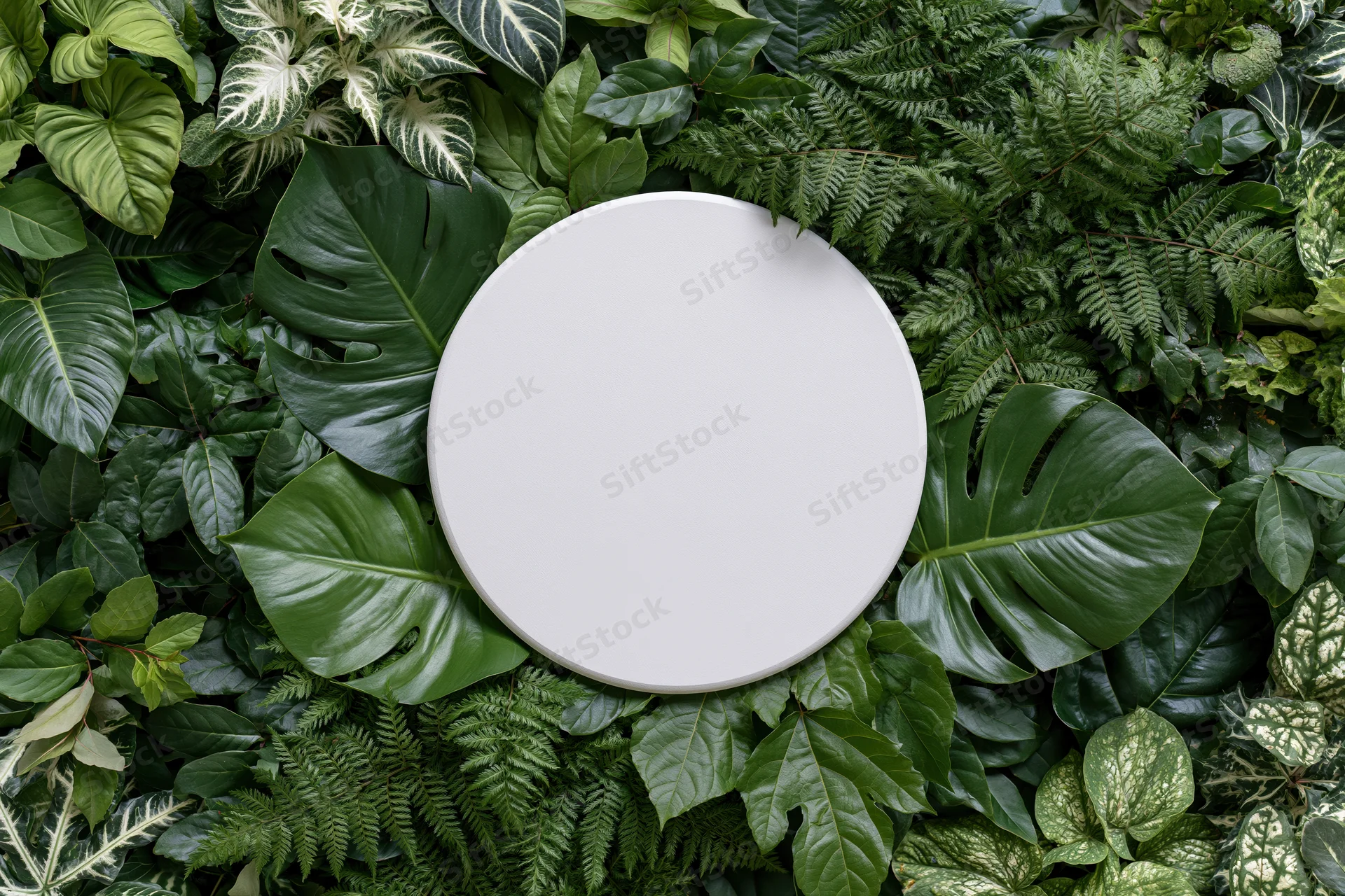 Blank white circular disc centered on a flat lay of layered green foliage