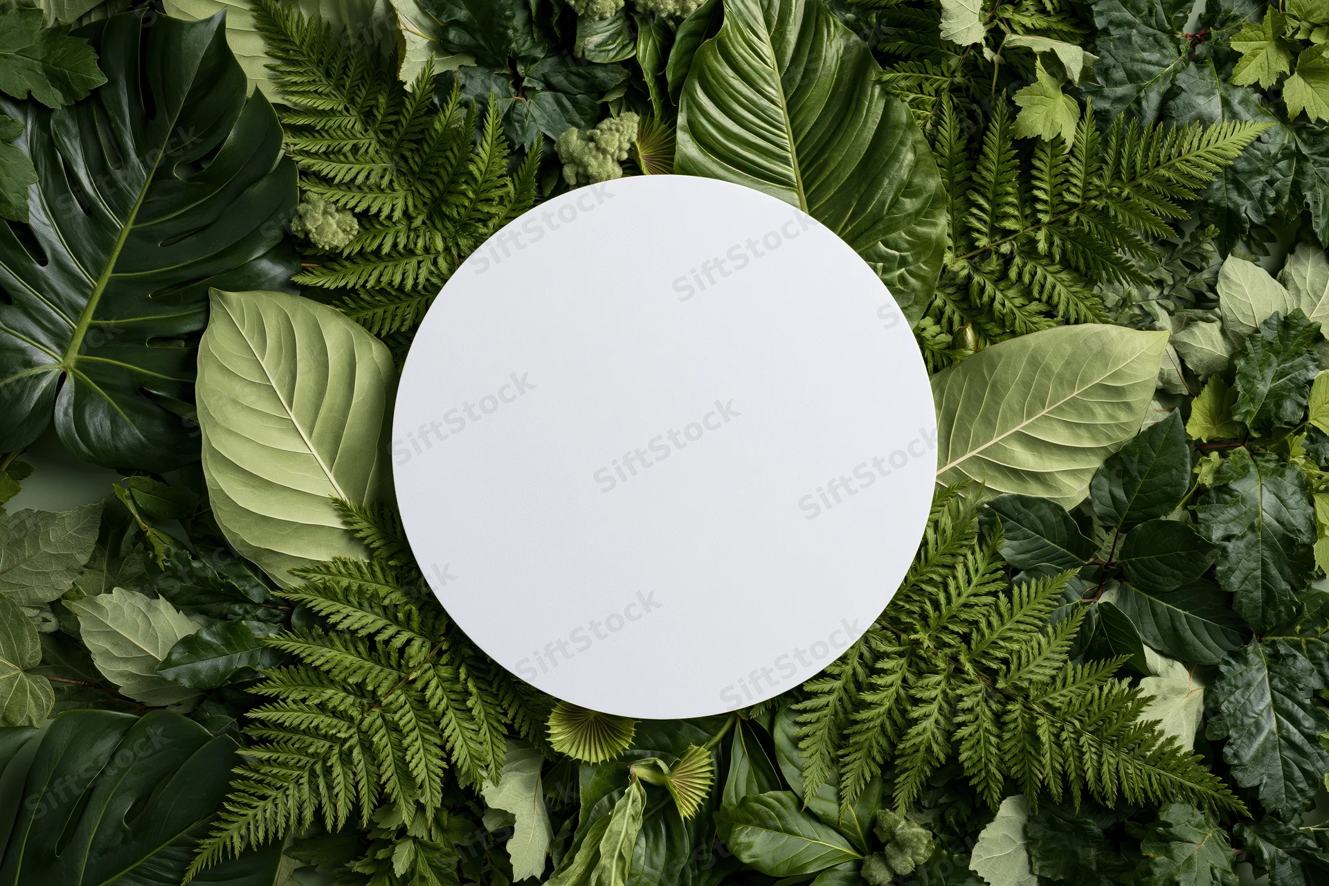 Blank white circular disc centered on a flat lay of layered green foliage and leaves