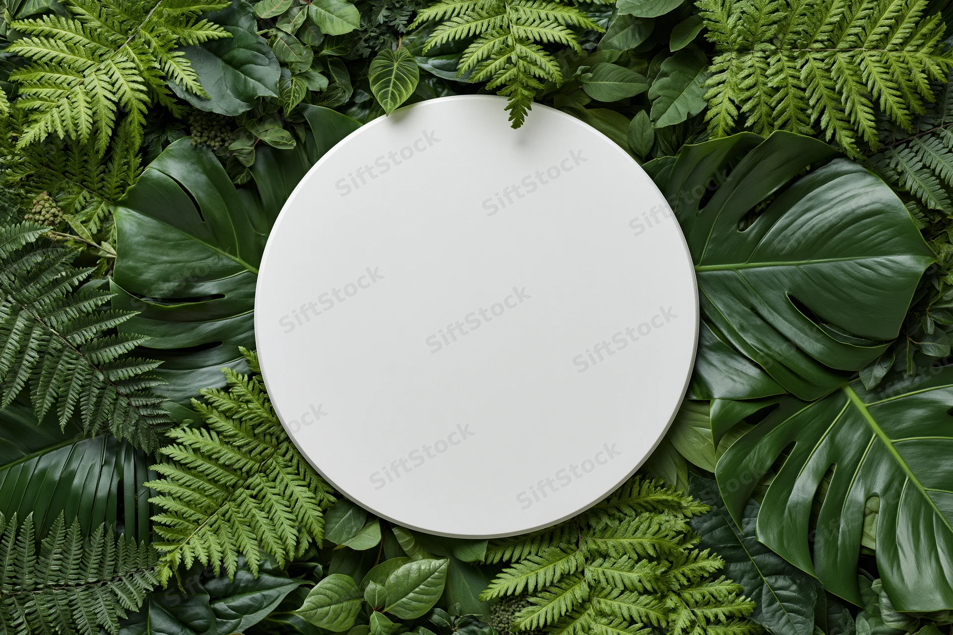Blank white circular disc centered on a flat lay of layered green foliage including monstera and fern leaves