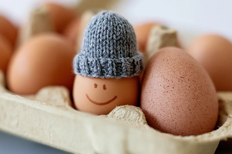 Brown egg with hand-drawn smiley face wearing knitted hat in cardboard carton