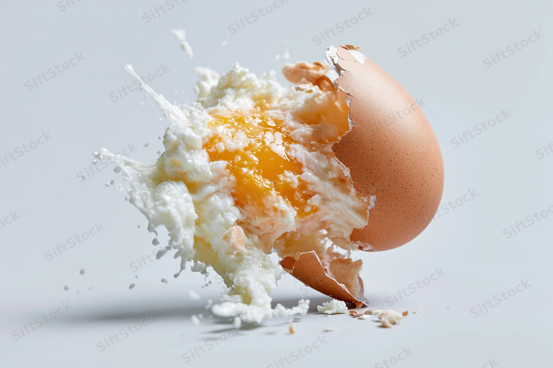 Brown egg cracking mid-air with yolk and egg white splashing out against white background