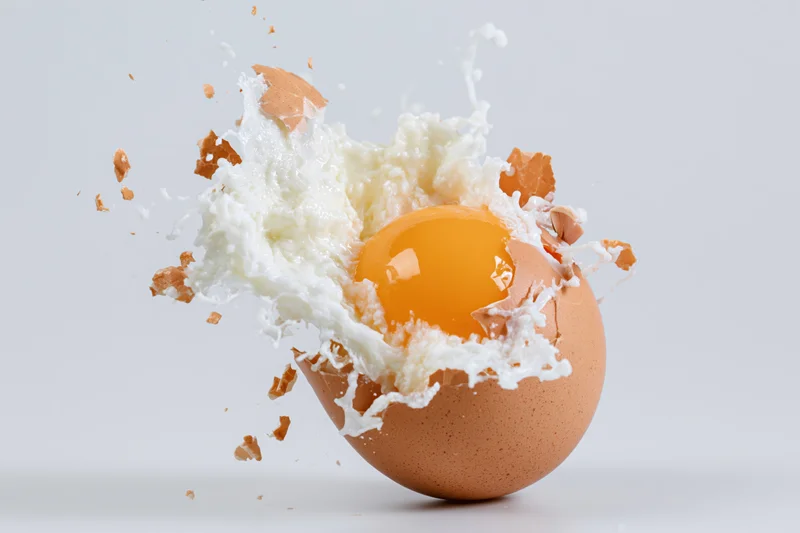 Brown egg cracking mid-air with yolk and egg white exploding out against white background