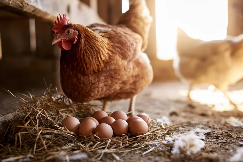 Brown hen standing over straw nest with fresh eggs in barn