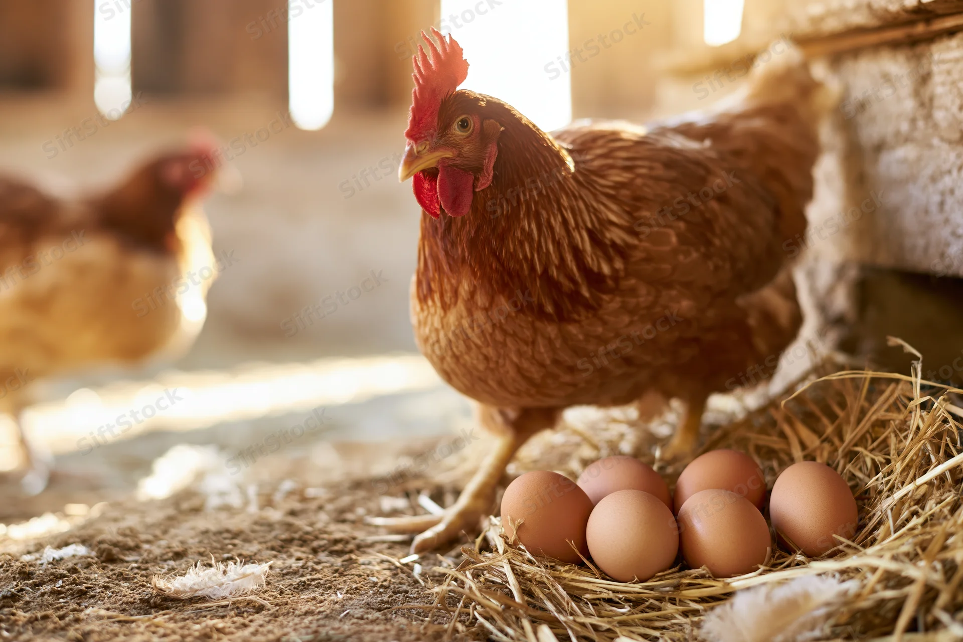 Brown hen standing over straw nest with seven fresh eggs in barn