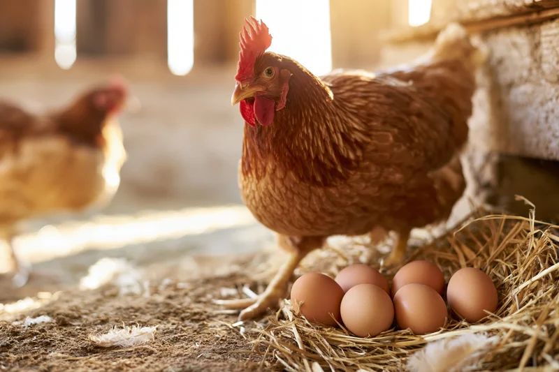 Brown hen standing over straw nest with seven fresh eggs in barn