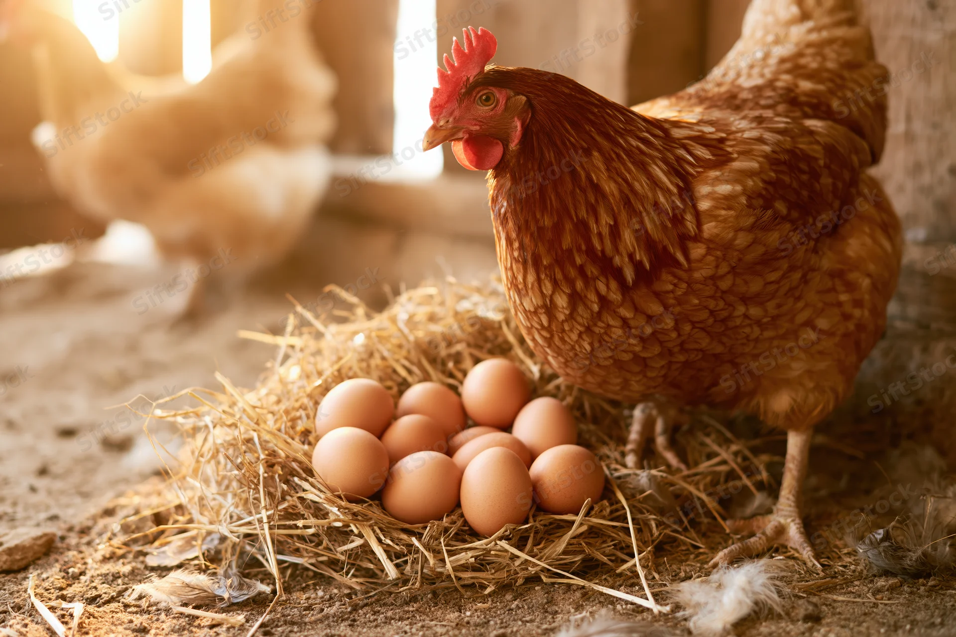 Brown hen standing over straw nest with fresh eggs in barn