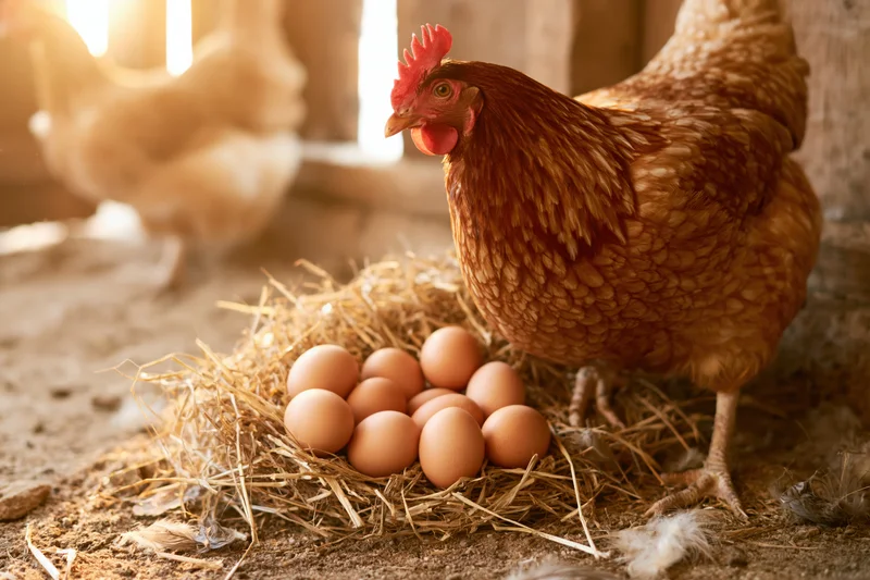 Brown hen standing over straw nest with fresh eggs in barn