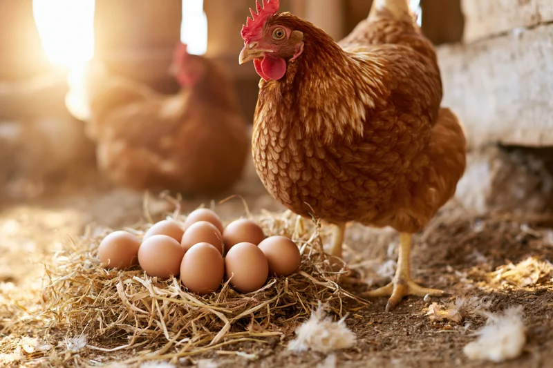 Brown hen standing over straw nest with seven fresh eggs in barn setting