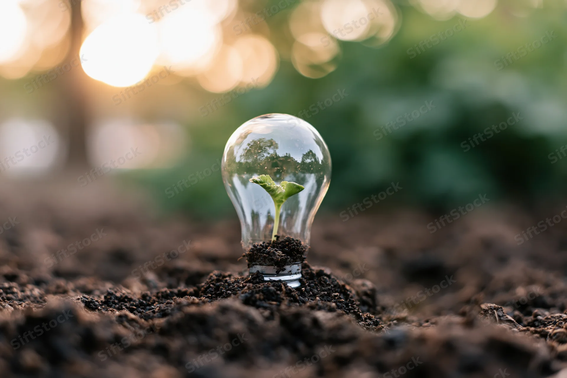 Clear glass lightbulb embedded in dark soil with a small green seedling growing inside, surrounded by natural ground cover under soft daylight
