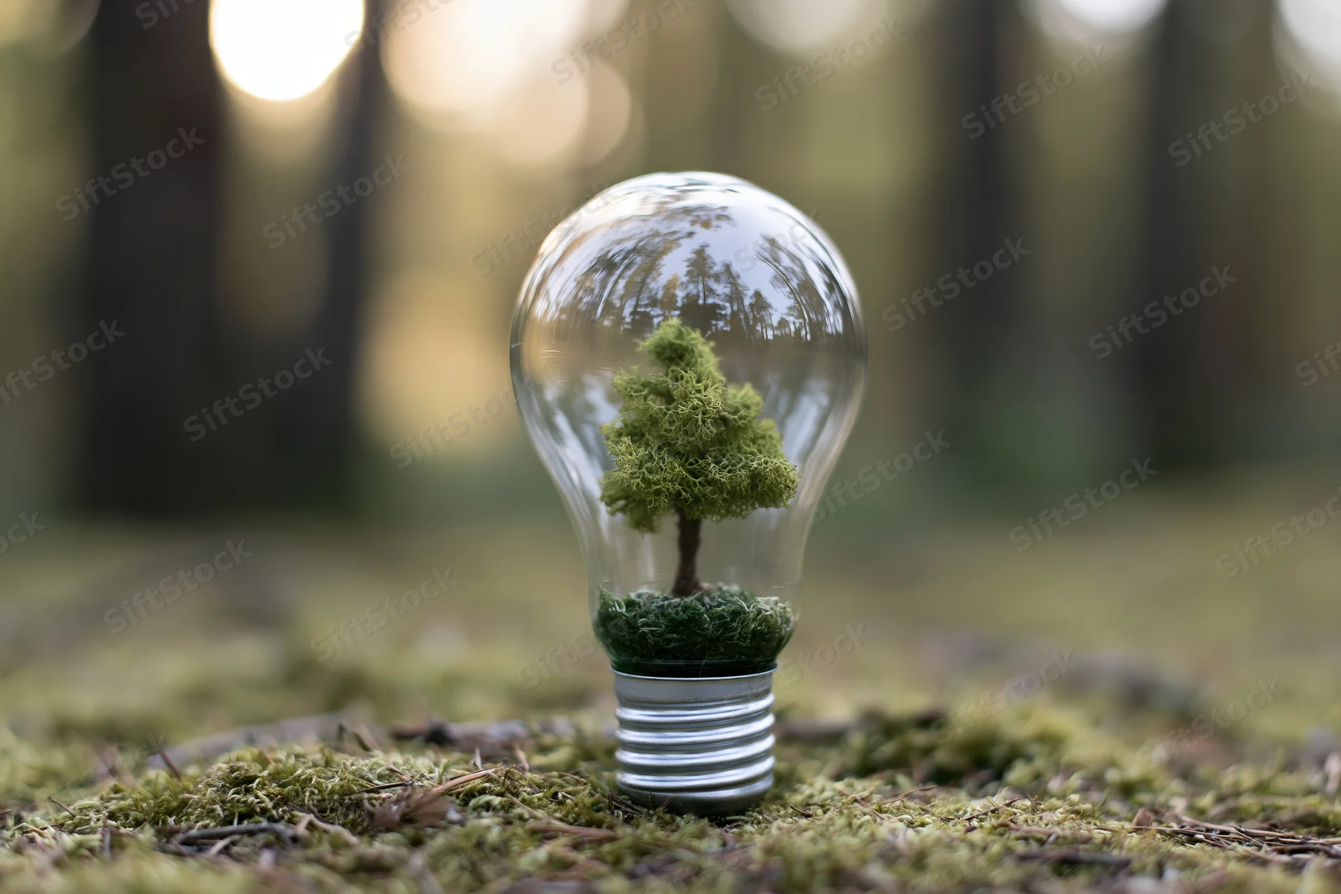 Clear glass lightbulb containing a small mossy tree sitting on a mossy forest floor