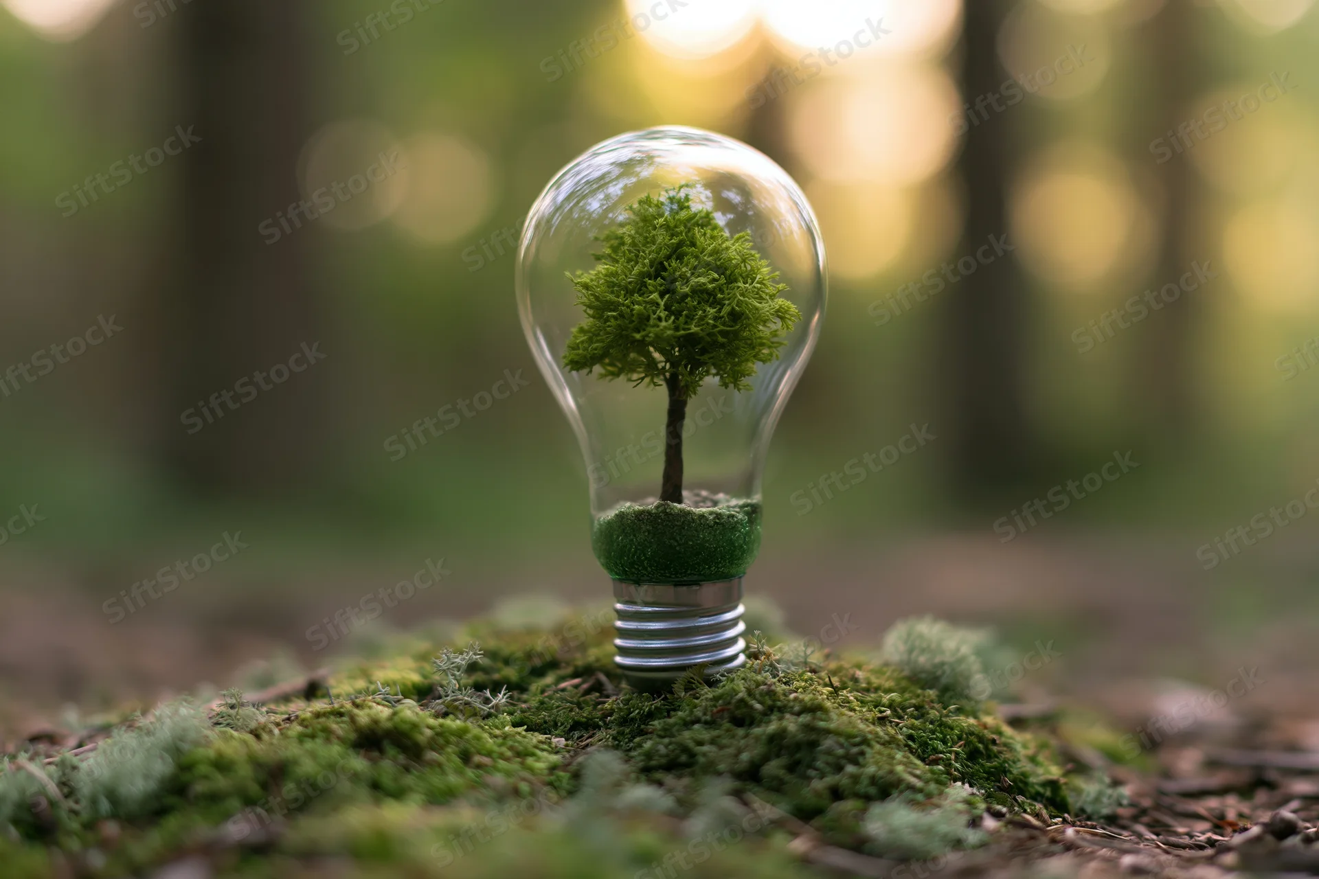 Clear glass lightbulb containing a small tree growing in moss, placed on a mossy forest floor